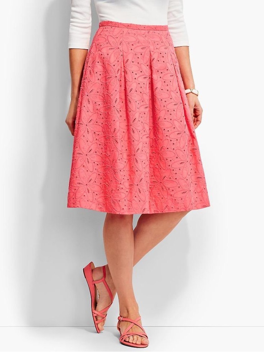 Talbots Suze 4P Coral Pink Eyelet Embroidered Pleated A-Line Midi Skirt NWT